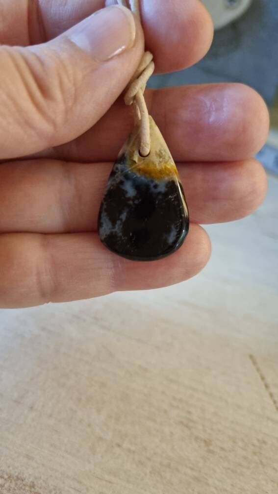 versteinertes Palmholz, fossiler Schmuck Anhänger, 30 x 20 x 5 mm, gebohrt, am Lederband