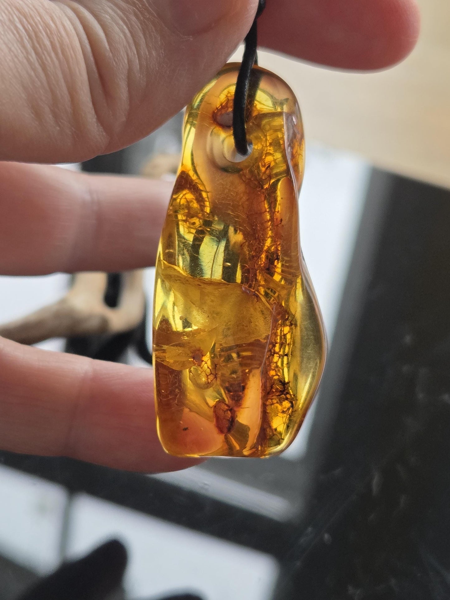 Traumhafter baltischer Bernstein Anhänger, mit Einschlüssen, Amulett, Amber pendant, 54 x 26 x 16 mm, an verstellbarem Lederband
