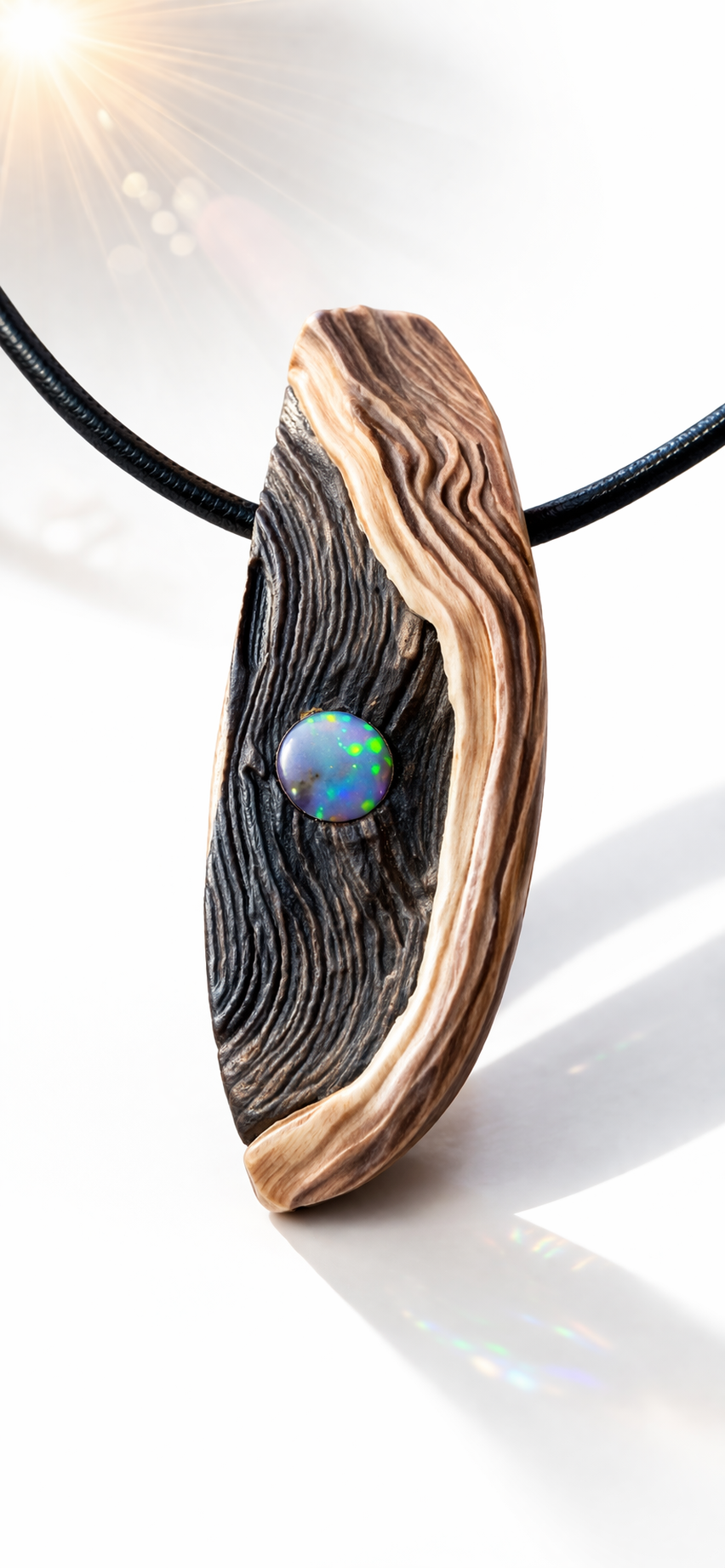 Baumperlen Anhänger der Buche mit Boulder Opal, Holz Anhänger mit Edelstein, 38 x 18 x 10 mm, an verstellbarem Lederband