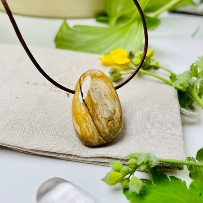 Versteinertes Holz, Anhänger, 33 x 23 x 10 mm, gebohrt, am Lederband