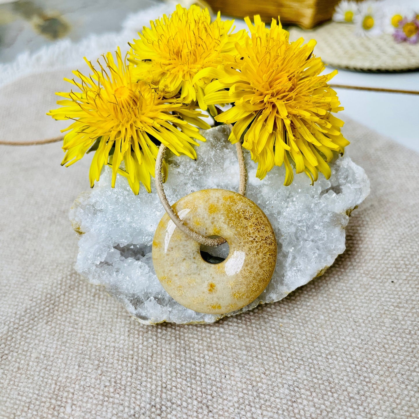 Versteinerte Koralle Donut, 30 x 30 x 6 mm, am Lederband