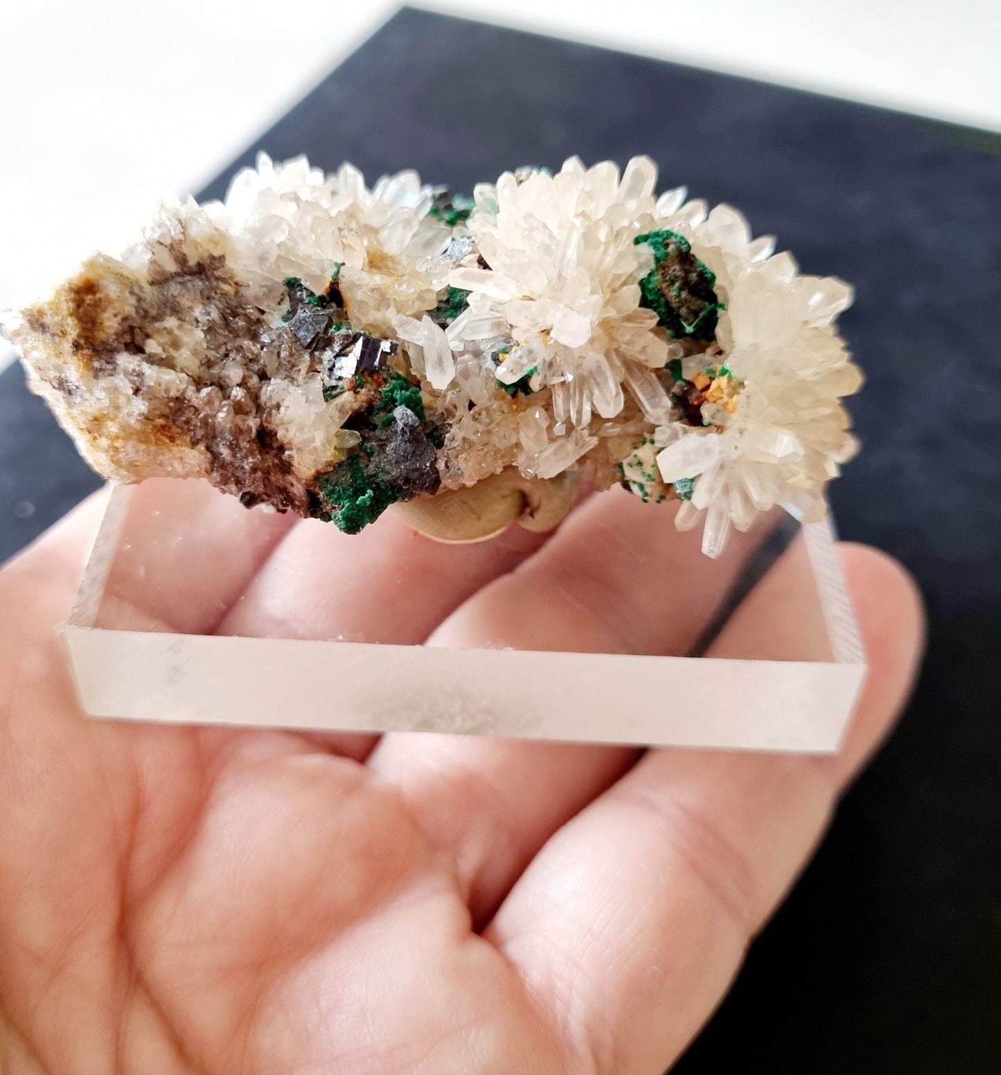 Was für eine seltene Schönheit! Stufe aus Bergkristall , Malachit und Bleiglanz, 65 x 40 x 35 mm, 94 Gramm