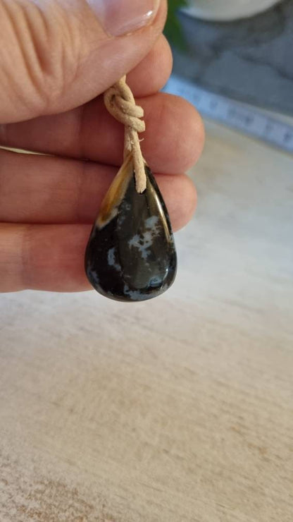 versteinertes Palmholz, fossiler Schmuck Anhänger, 30 x 20 x 5 mm, gebohrt, am Lederband