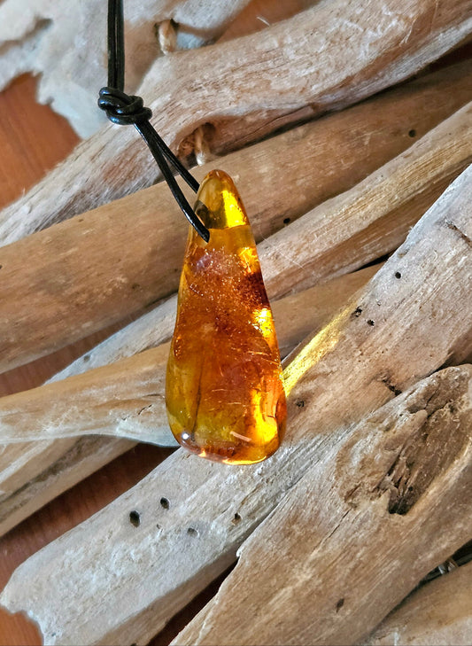 Feiner Bernstein Anhänger, mit Einschlüssen von Blüten Blätterskelett Bernstein Amulett, 48 x 18 x 12 mm , an verstellbarem Lederband