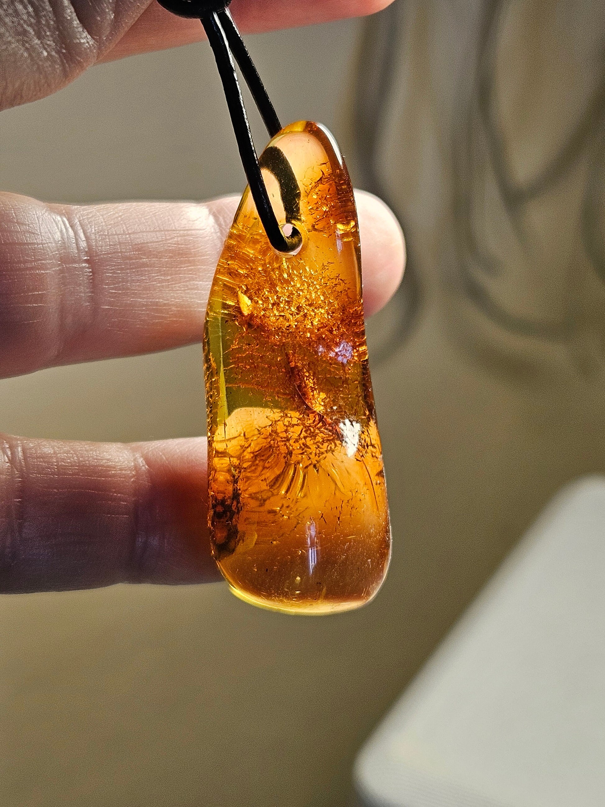 Feiner Bernstein Anhänger, mit Einschlüssen von Blüten Blätterskelett Bernstein Amulett, 48 x 18 x 12 mm , an verstellbarem Lederband