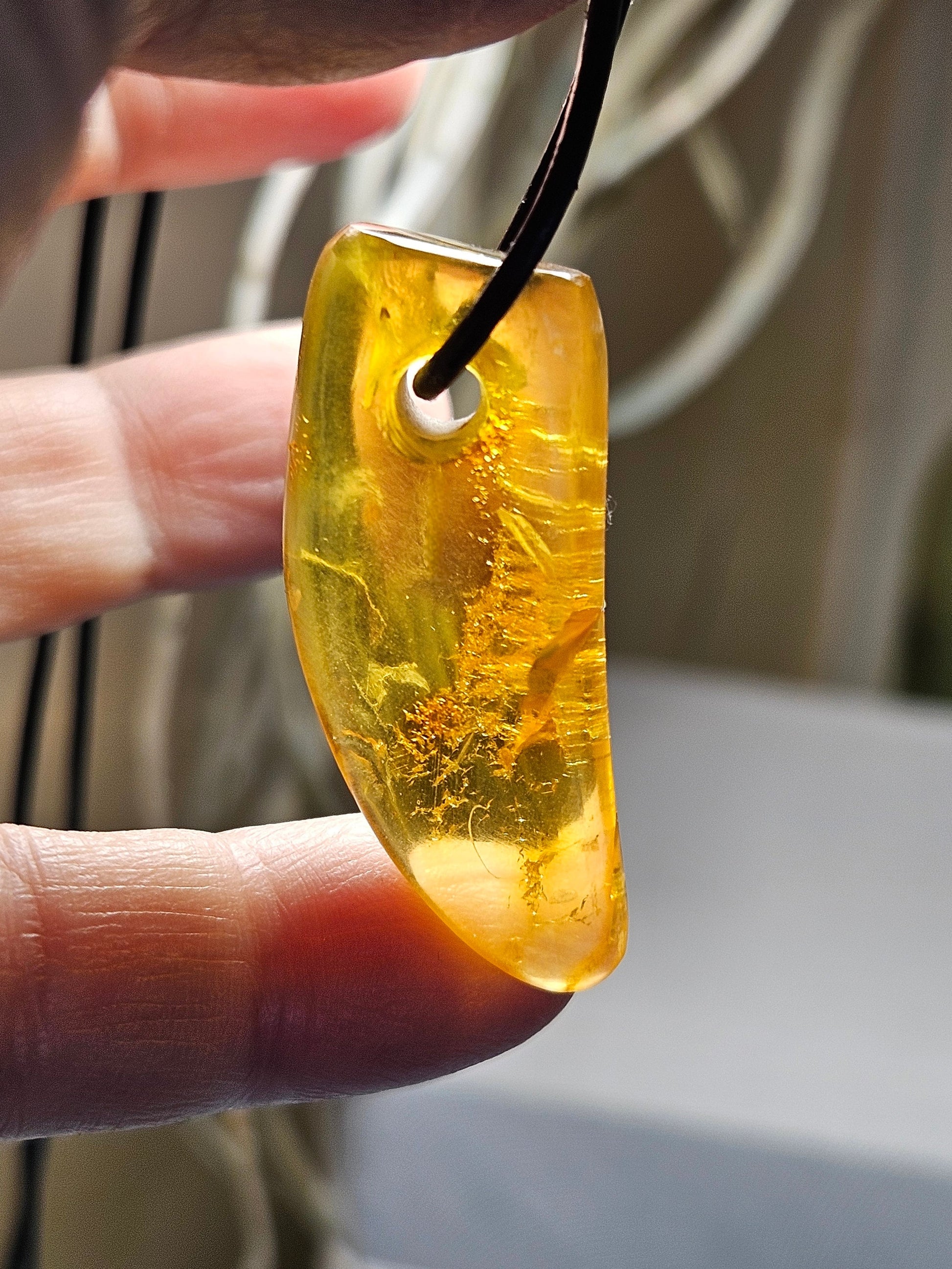 Großer feiner Bernstein Anhänger, mit Einschlüssen von Blüten Blätterskelett Bernstein Amulett, 40 x 18 x 10 mm , an Lederband