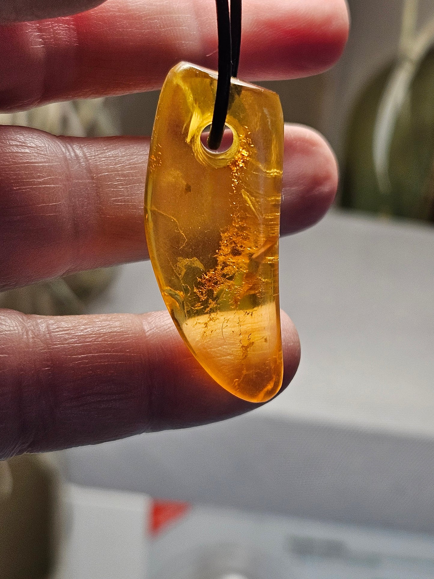 Großer feiner Bernstein Anhänger, mit Einschlüssen von Blüten Blätterskelett Bernstein Amulett, 40 x 18 x 10 mm , an Lederband