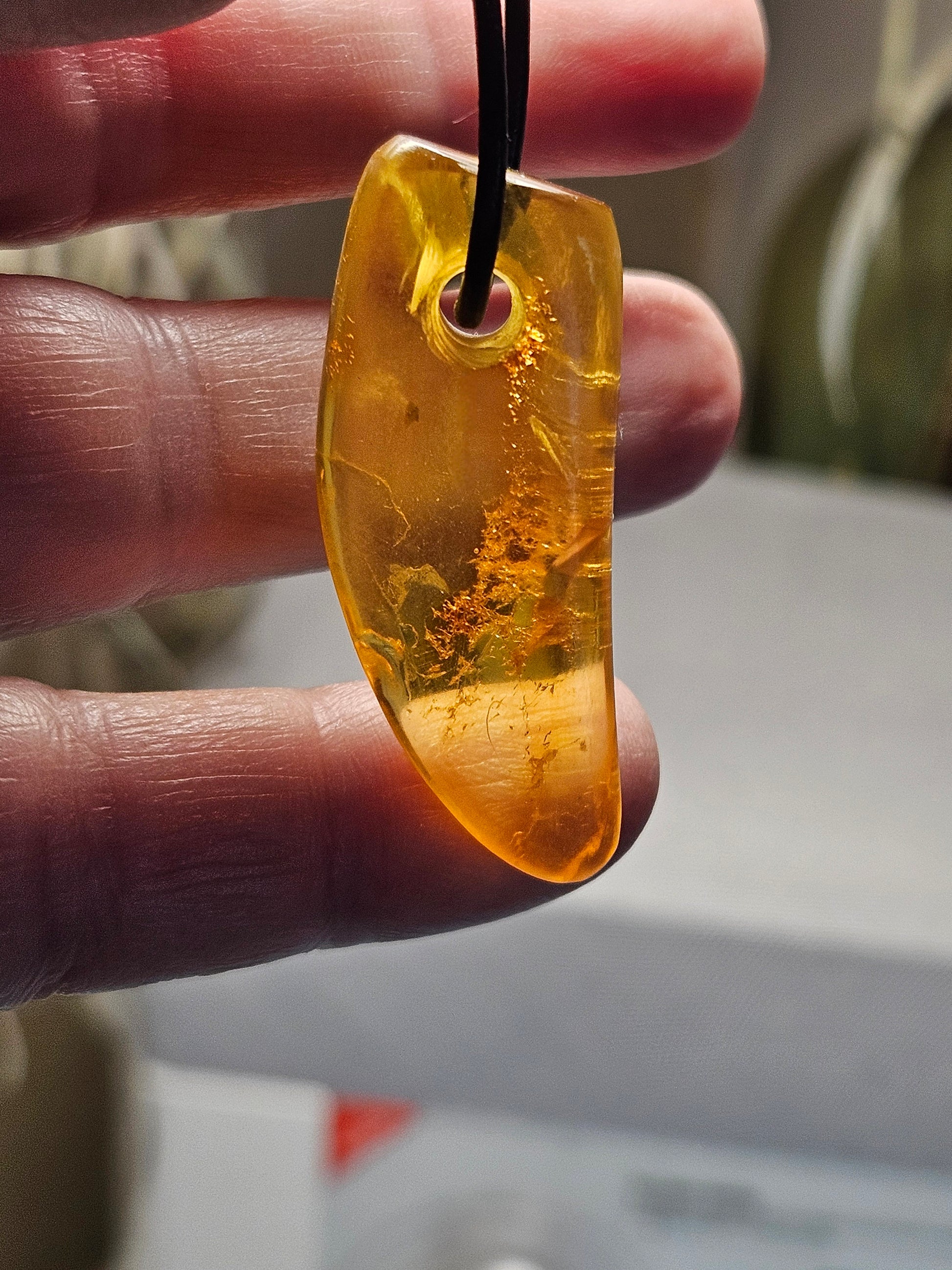 Großer feiner Bernstein Anhänger, mit Einschlüssen von Blüten Blätterskelett Bernstein Amulett, 40 x 18 x 10 mm , an Lederband