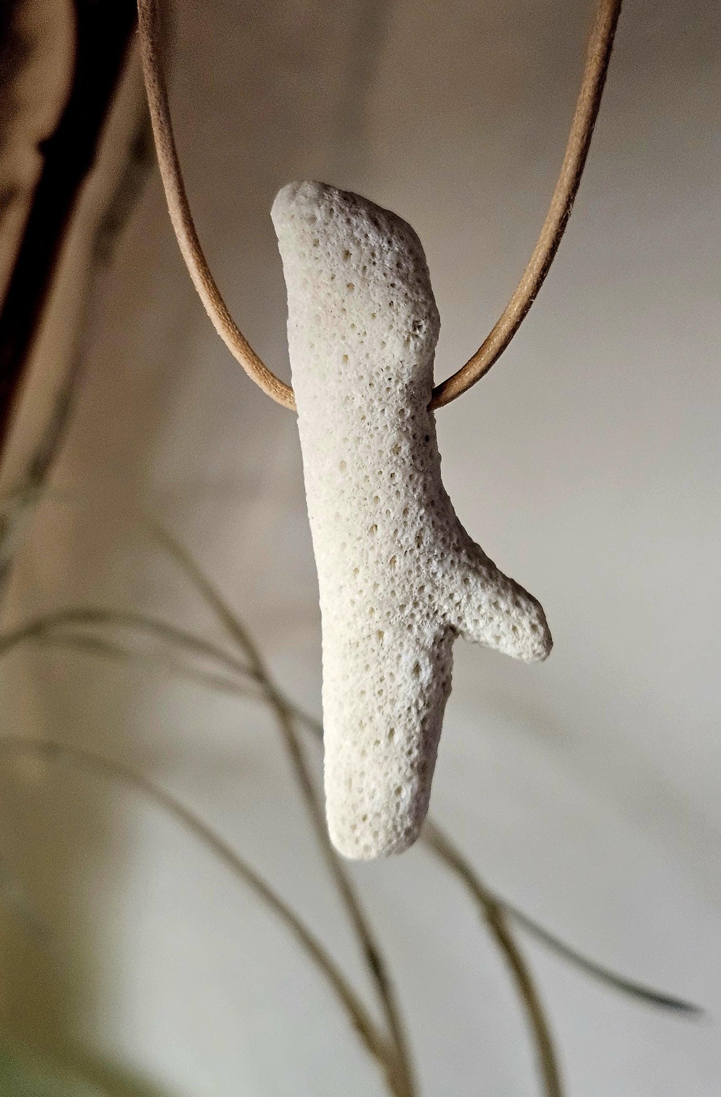 Versteinerte Koralle, Anhänger, 40 x 20 x 10 mm, gebohrt, an verstellbarem Lederband