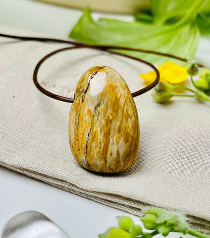 Versteinertes Holz, Anhänger, 33 x 23 x 10 mm, gebohrt, am Lederband