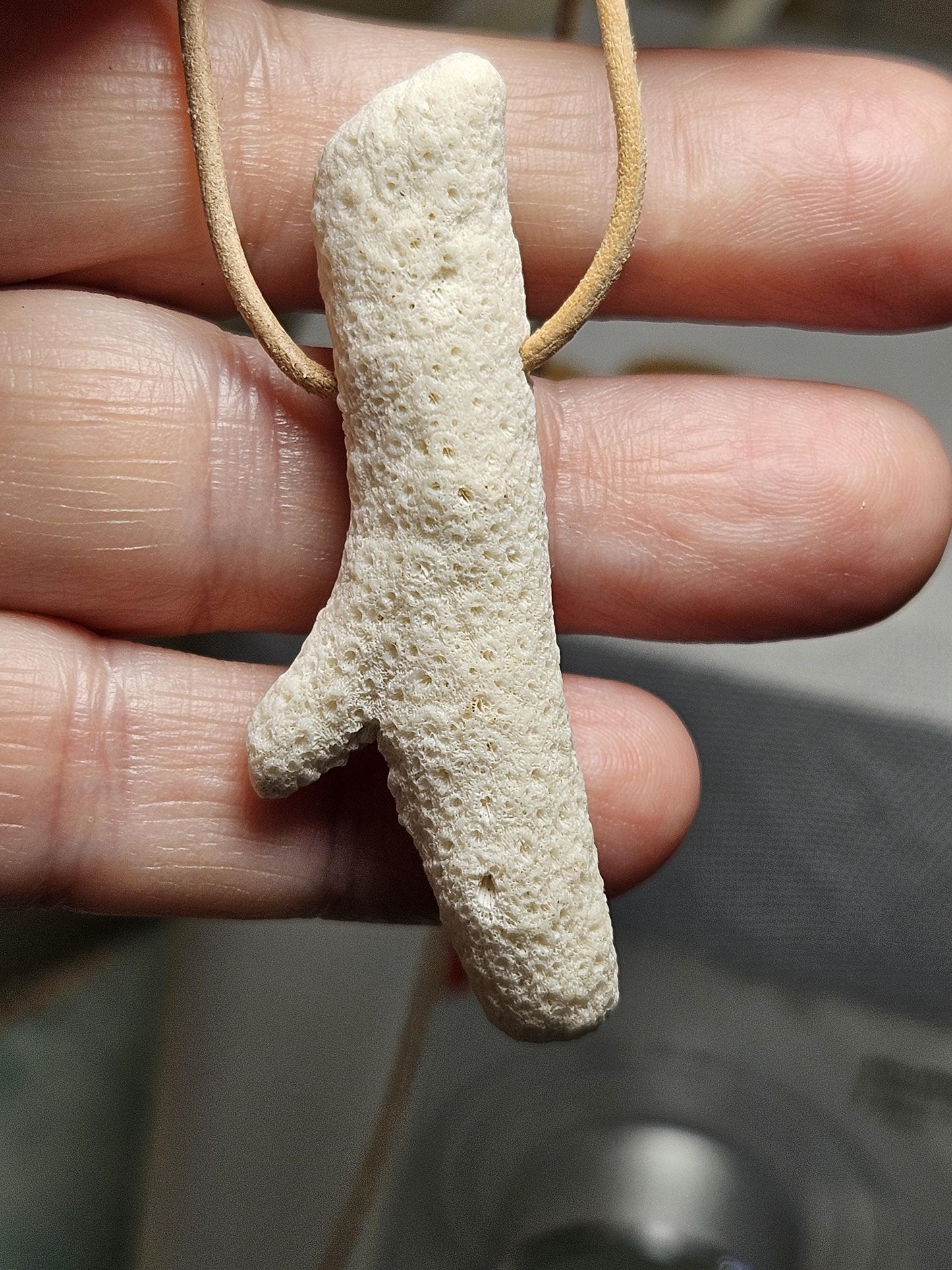 Versteinerte Koralle, Anhänger, 40 x 20 x 10 mm, gebohrt, an verstellbarem Lederband