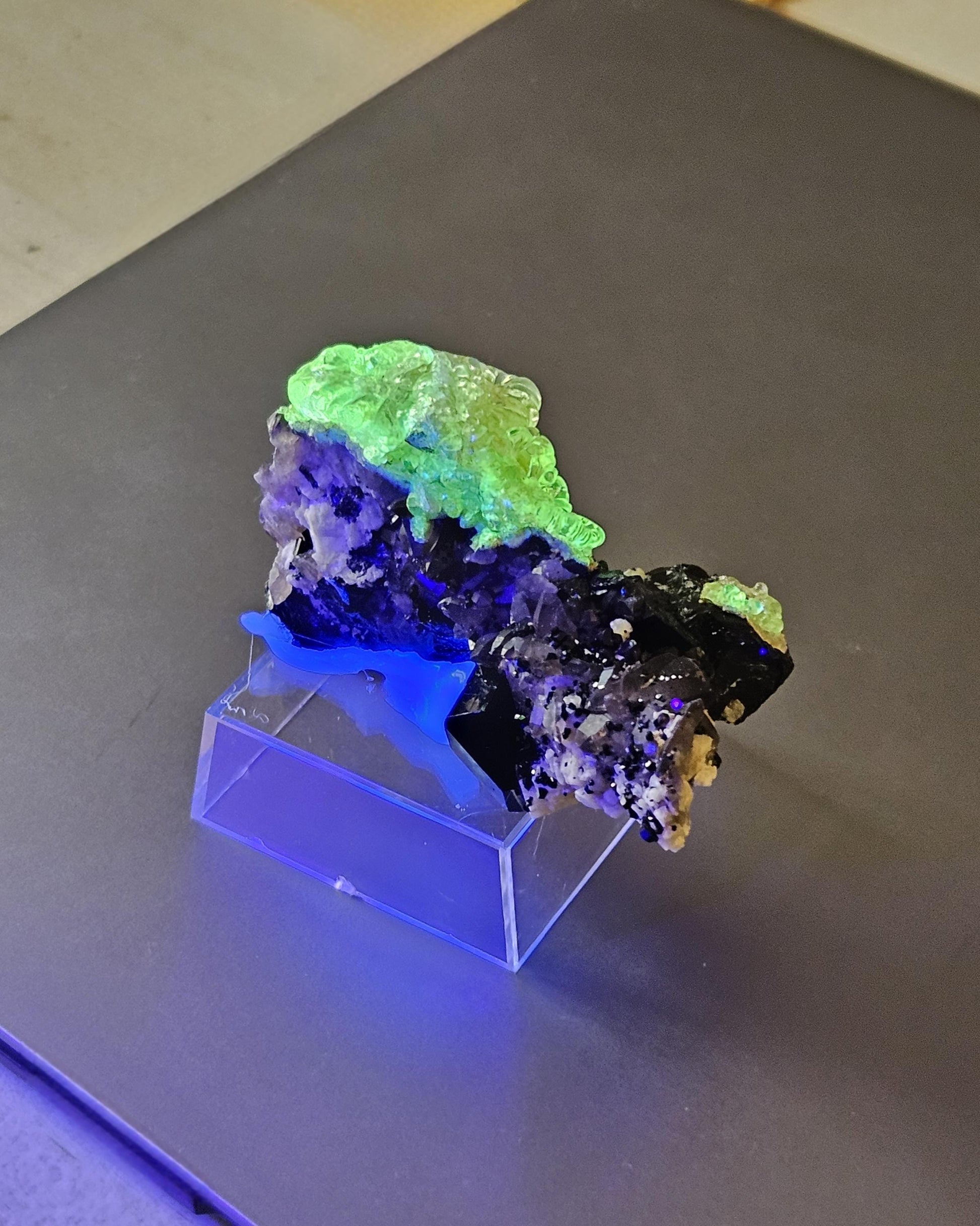 Traumhafte Stufe! Hyalit fluoreszierender Glasopal Opal auf Rauchquarz und Schörl, schwarzem Turmalin, Namibia