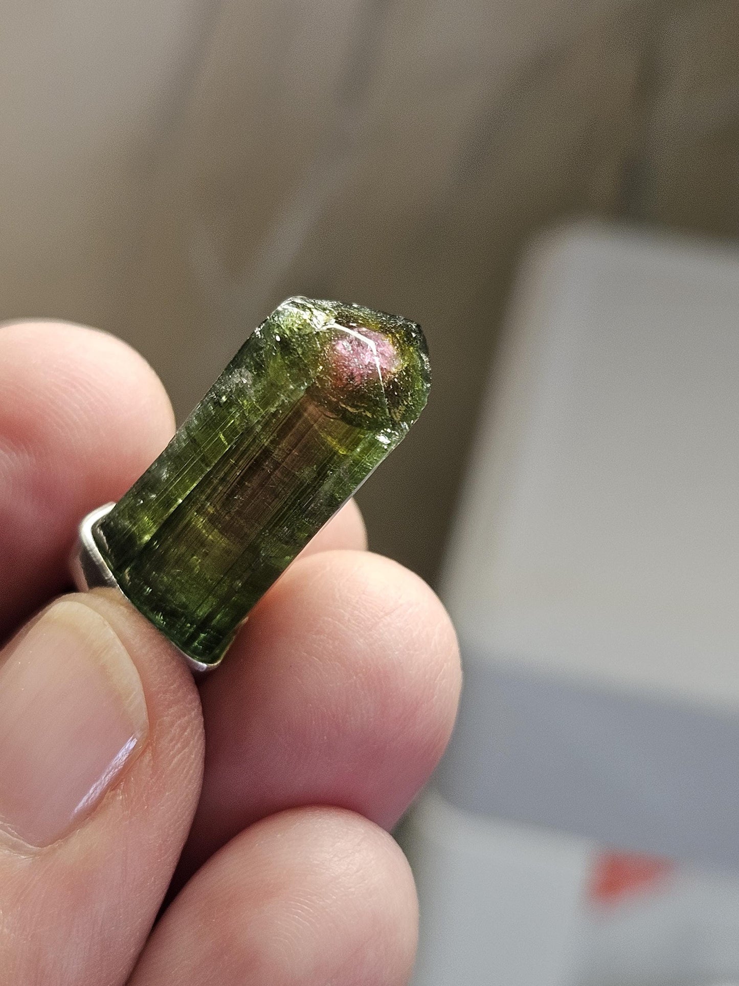 Traum von Wassermelonenturmalin Stäbchen Rohstein, an 925er Silberkappe mit Öse, an verstellbarem Lederband