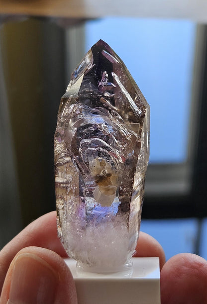 Fensterquartz Goboboseb Amethyst Rauchquarz Phantomquarz Kristall Spitze aus Namibia mit Einschlüssen, Sammlerstein
