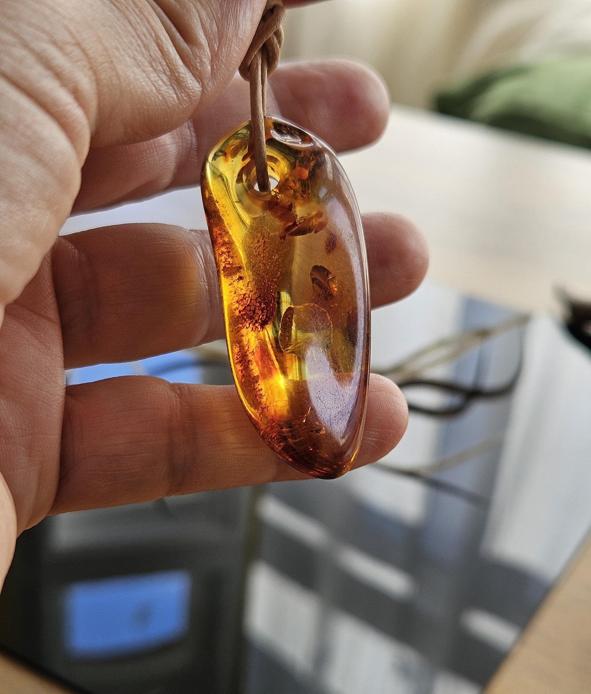 Feiner Bernstein Anhänger, mit Einschlüssen von Blüten Blätterskelett Bernstein Amulett, gebohrt 54 x 24 x 14 mm, an verstellbarem Lederband