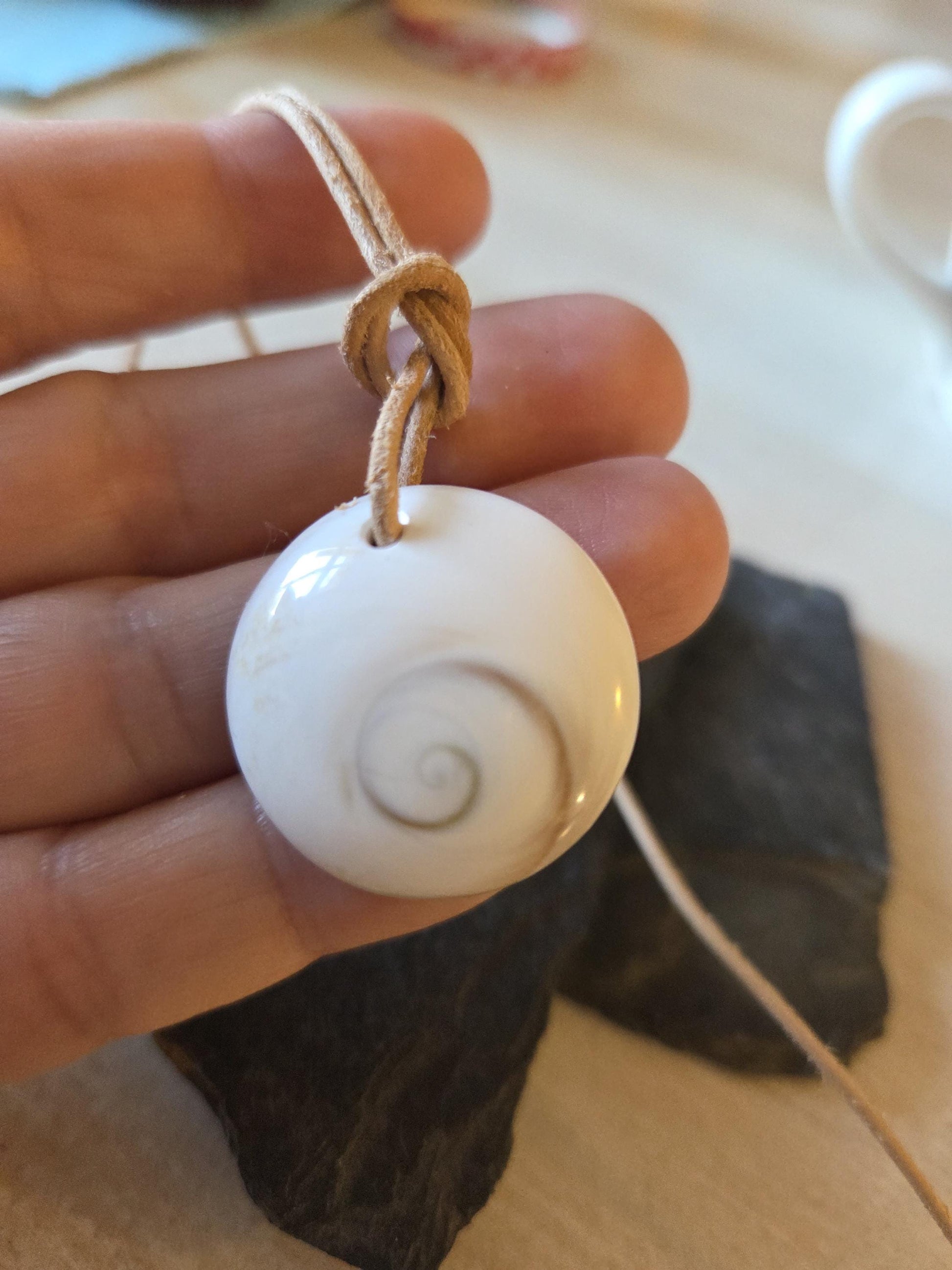 Shivas Auge klein Operculum, 26 x 26 x 5 mm, kleiner Anhänger, gebohrt, an verstellbarem Lederband