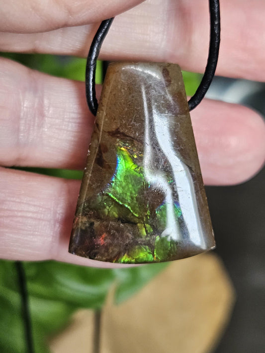 Traumhafter magischer Ammolit Opal aus Kanada, Anhänger, 33 x 23 x 9 mm, gebohrt, an verstellbarem Lederband