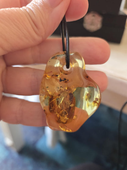 Baltischer inklusen Bernstein Anhänger, mit Einschlüssen von , Pflanzenteilen und Mini Insekt 42 x 33 x 12 mm, an verstellbarem Lederband