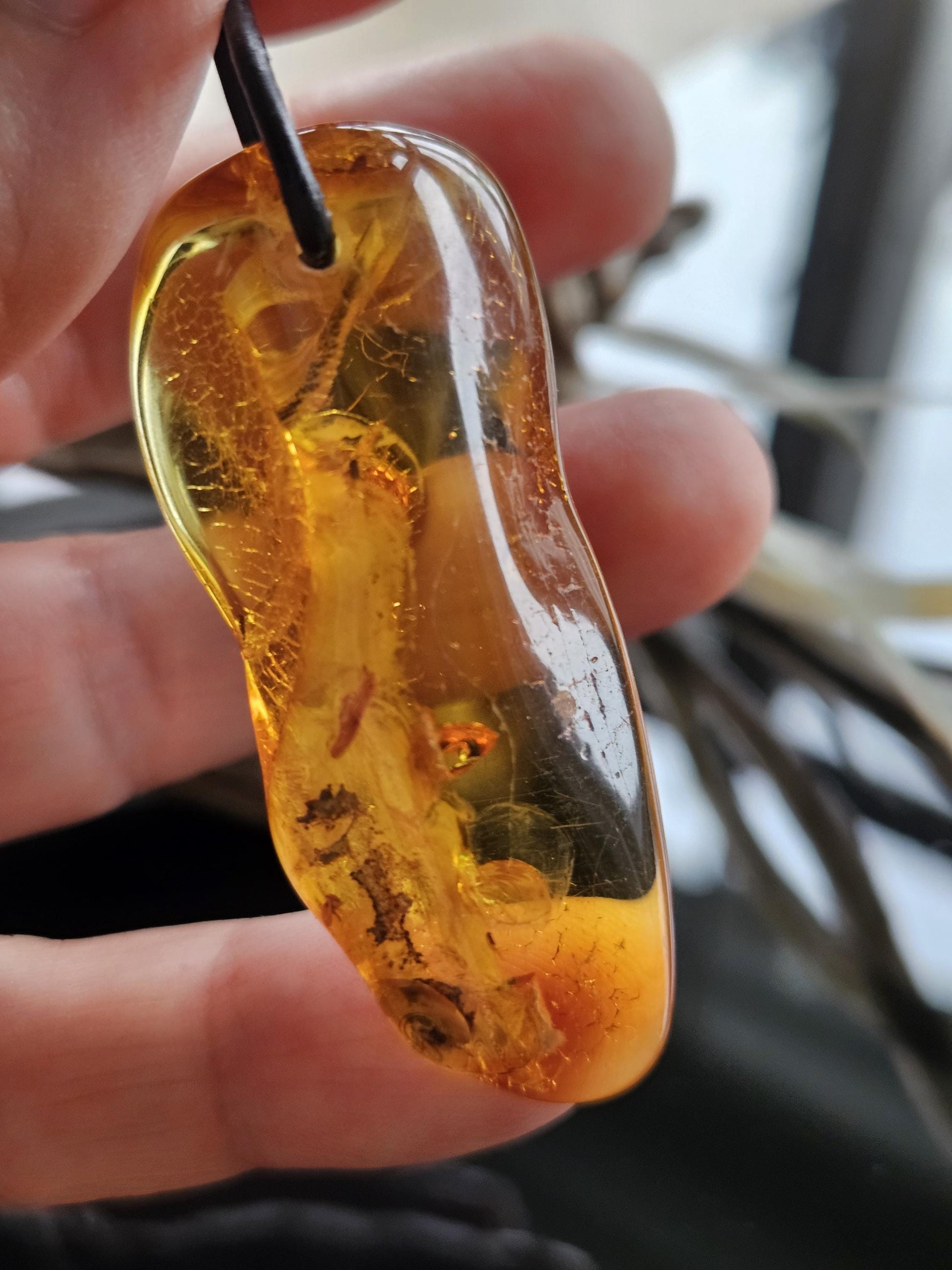 Großer feiner baltischer Bernstein Anhänger, mit Einschlüssen von Blüten Blätterskelett Bernstein Amulett, 52 x 22 x 12 mm , an Lederband