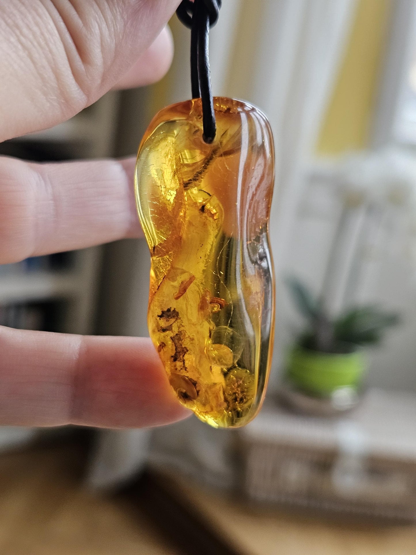 Großer feiner Bernstein Anhänger, mit Einschlüssen von Blüten Blätterskelett Bernstein Amulett, 52 x 22 x 12 mm , an Lederband