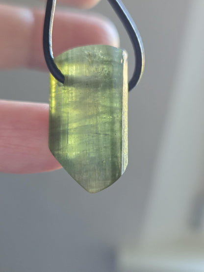 Grüner Turmalin Kristall Rohstein grün, Verdelith, mit zartem Wassermelonenkern Stäbchen, 27 x 15 x 14 mm, an verstellbarem Lederband