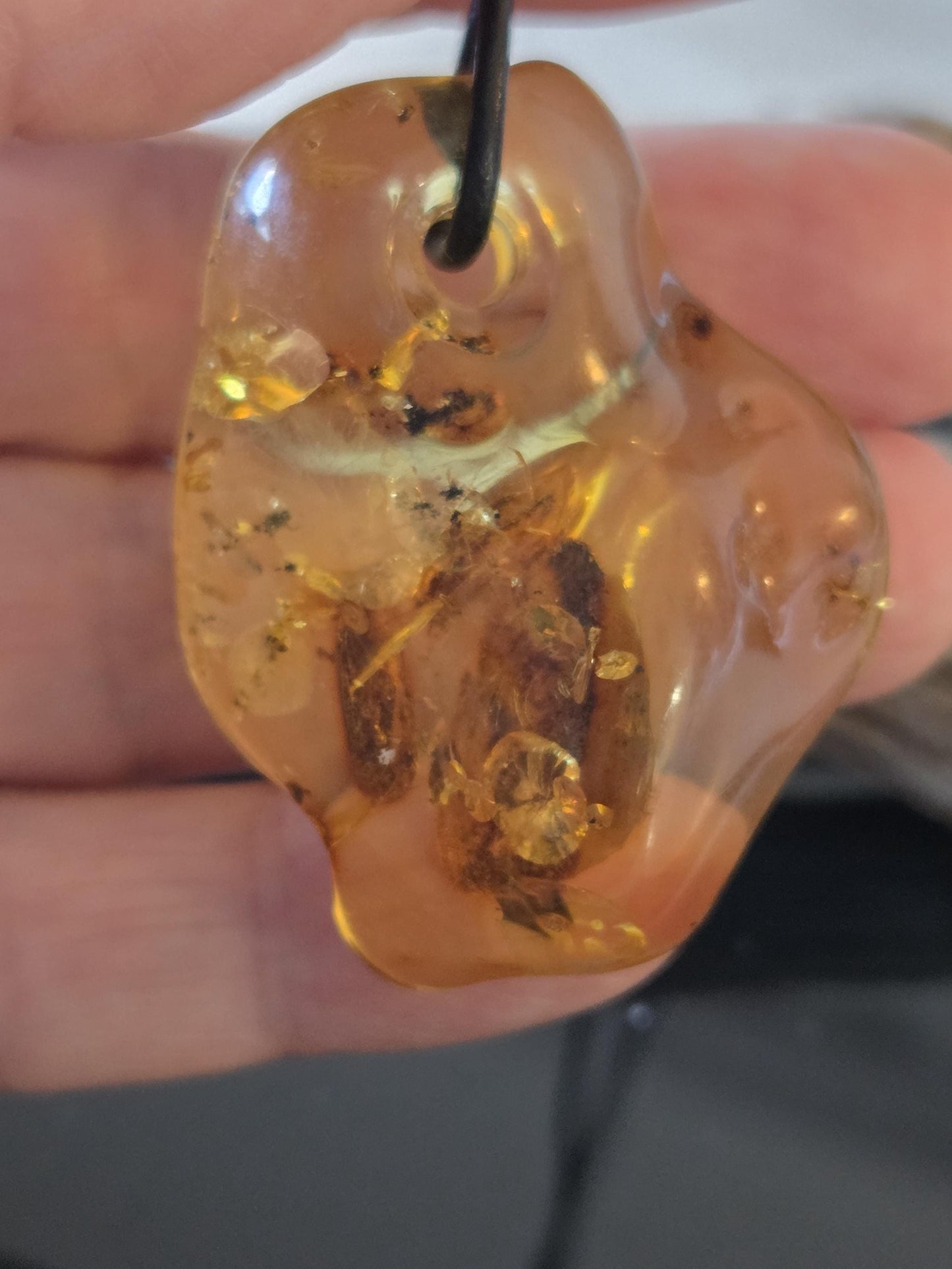 Baltischer inklusen Bernstein Anhänger, mit Einschlüssen von , Pflanzenteilen und Mini Insekt 42 x 33 x 12 mm, an verstellbarem Lederband