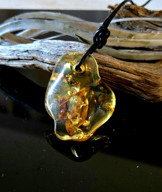 Baltischer inklusen Bernstein Anhänger, mit Einschlüssen von , Pflanzenteilen und Mini Insekt 42 x 33 x 12 mm, an verstellbarem Lederband