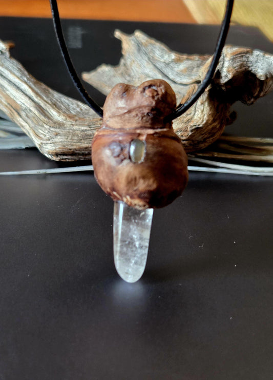 Baumperlen Anhänger der Buche mit Bergkristall und Citrin , Holz mit Anhänger mit Edelstein, 48 x 25 x 25 mm, an Lederband