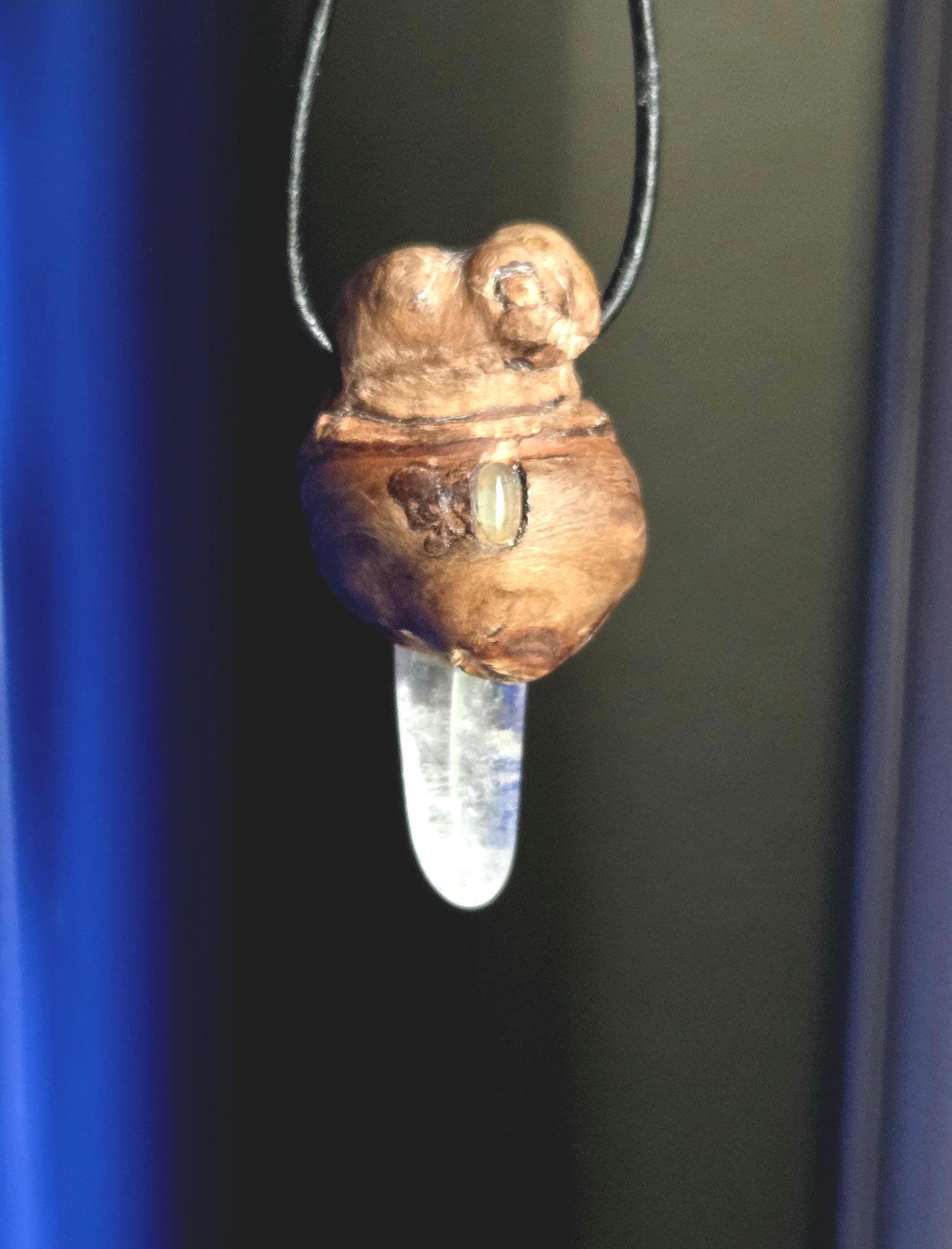Magische Baumperle der Buche mit Bergkristall und Citrin , Holz Anhänger, 48 x 25 x 25 mm, an Lederband