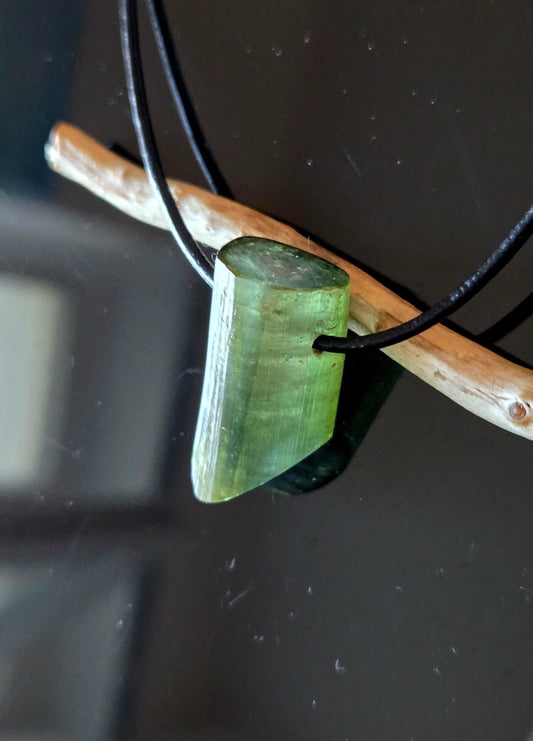 Grüner Turmalin Kristall Rohstein grün, Verdelith, mit zartem Wassermelonenkern Stäbchen, 27 x 15 x 14 mm, an verstellbarem Lederband