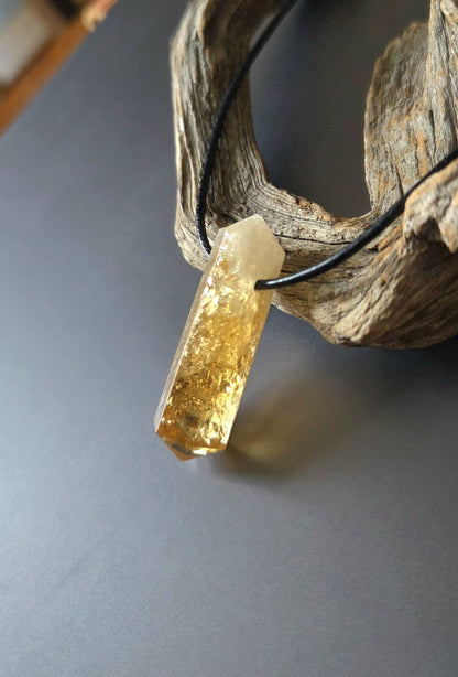 Citrin Kristall Spitze, Doppelender, golden healer, Anhänger, 40 x 11 x 12 mm, gebohrt, an verstellbarem Lederband