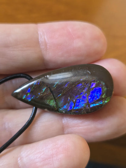 Magischer Ammolit Opal Anhänger blau grün lila, aus Kanada, 35 x 17 x 8 mm, gebohrt, an verstellbarem Lederband
