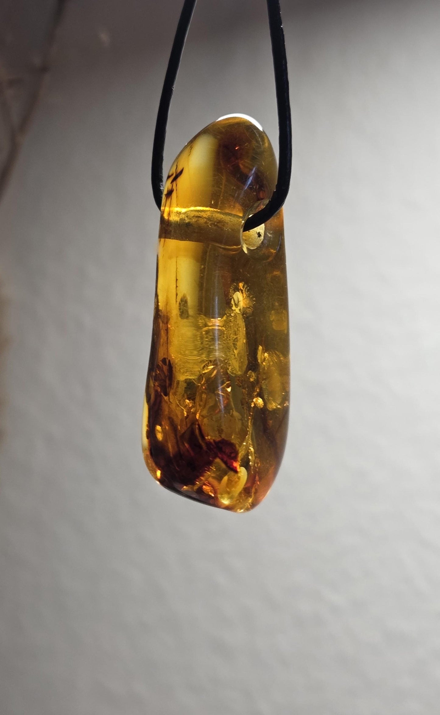 Großer baltischer Bernstein Anhänger, mit Einschlüssen, Amulett, Amber pendant, 54 x 20 x 18 mm, an verstellbarem Lederband