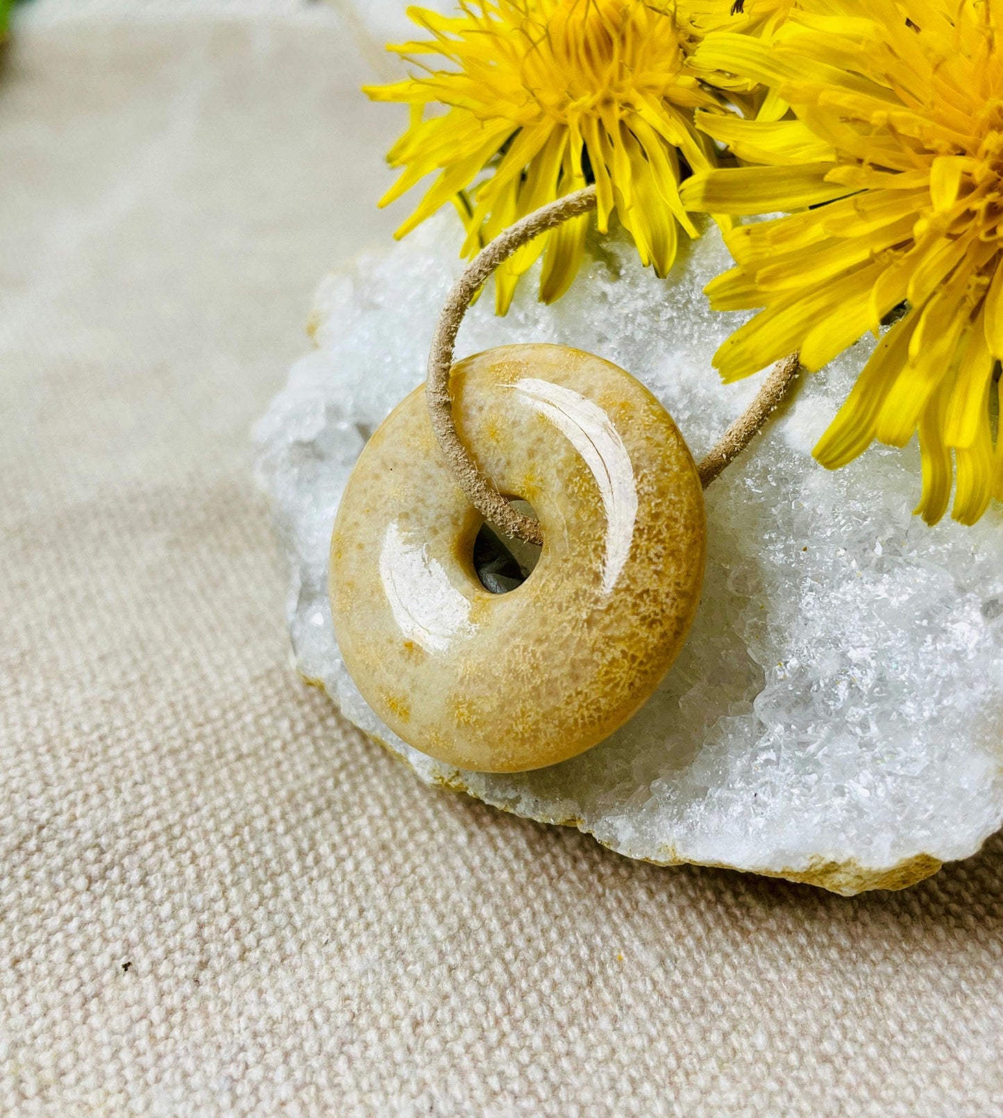 Versteinerte Koralle Donut, 30 x 30 x 6 mm, am Lederband