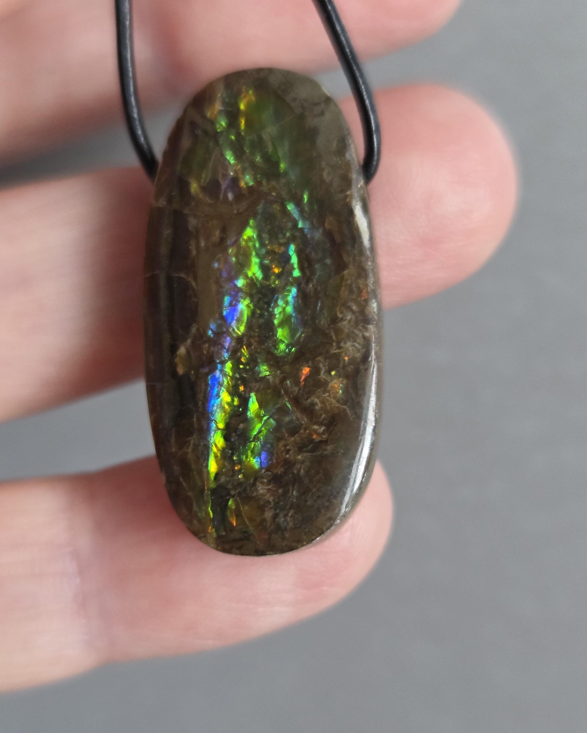 Magischer Ammolit Opal Anhänger blau grün gelb orange, aus Kanada, 35 x 17 x 8 mm, gebohrt, an verstellbarem Lederband