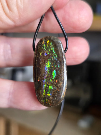 Magischer Ammolit Opal Anhänger blau grün gelb orange, aus Kanada, 35 x 17 x 8 mm, gebohrt, an verstellbarem Lederband