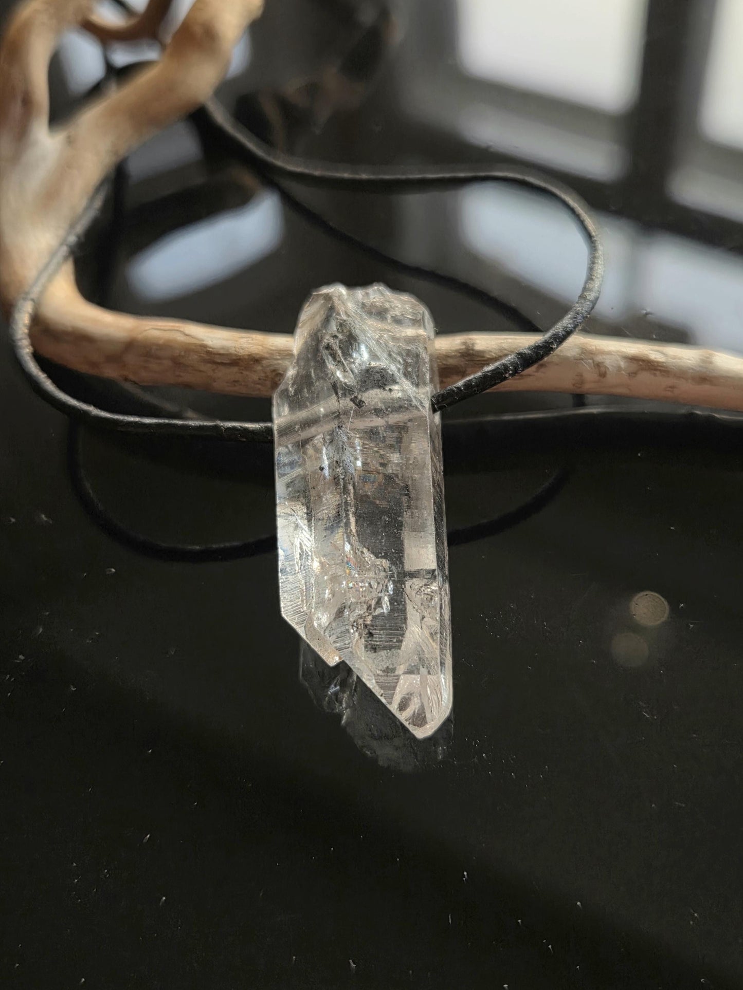 Magischer Lemurian Quarz Kristall Doppelender, Lemuria mit Yin Code, Kristallspitze Anhänger, gebohrt, mit tollem Innenleben Inclusen