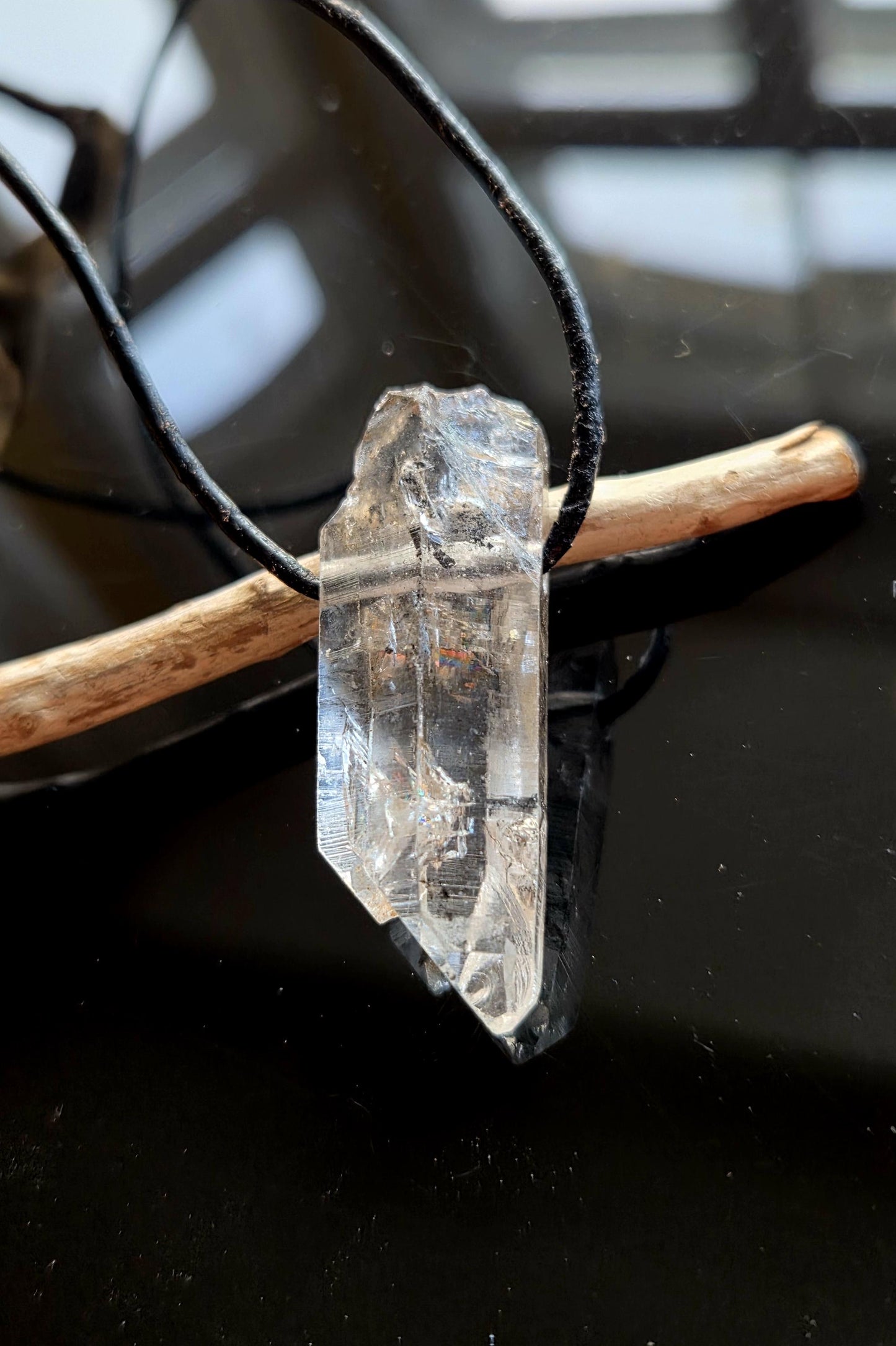 Magischer Lemurian Quarz Kristall Doppelender, Lemuria mit Yin Code, Kristallspitze Anhänger, gebohrt, mit tollem Innenleben Inclusen