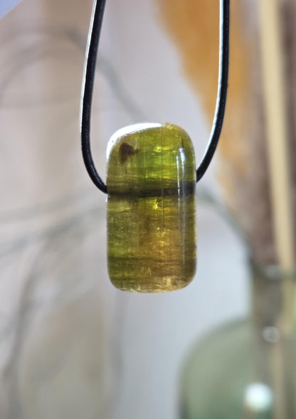 Turmalin Bicolor grün gelb Verdelith Dravit, Stäbchen geschliffen, Anhänger, 28 x 15 x 14 mm, gebohrt, an verstellbarem Lederband