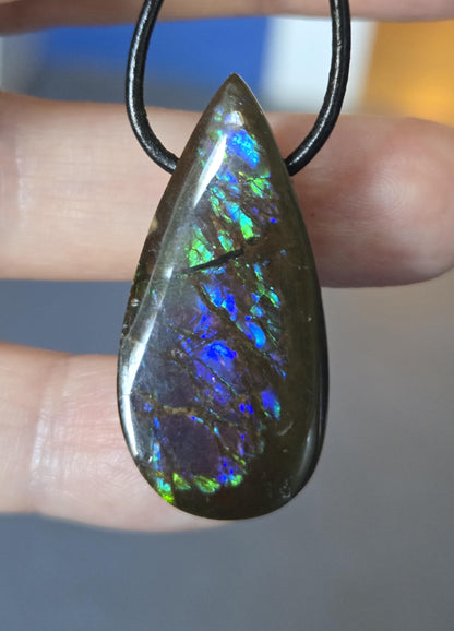 Magischer Ammolit Opal Anhänger blau grün lila, aus Kanada, 35 x 17 x 8 mm, gebohrt, an verstellbarem Lederband