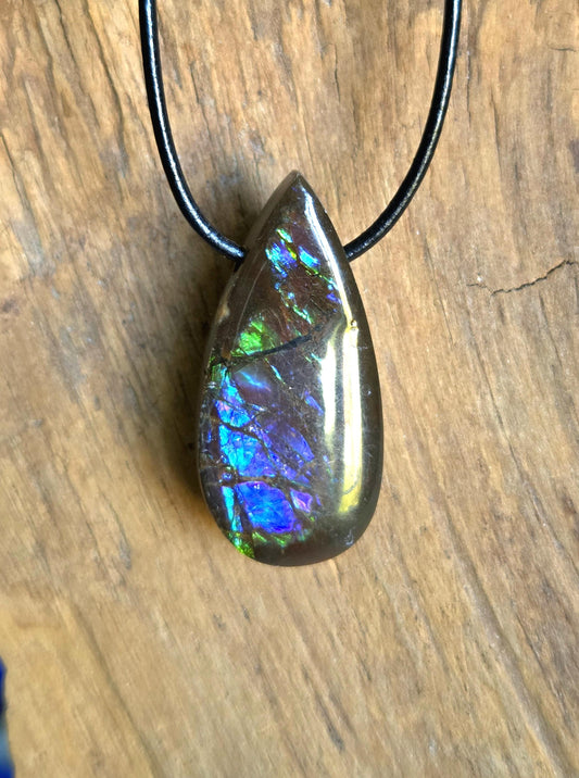 Magischer Ammolit Opal Anhänger blau grün lila, aus Kanada, 35 x 17 x 8 mm, gebohrt, an verstellbarem Lederband