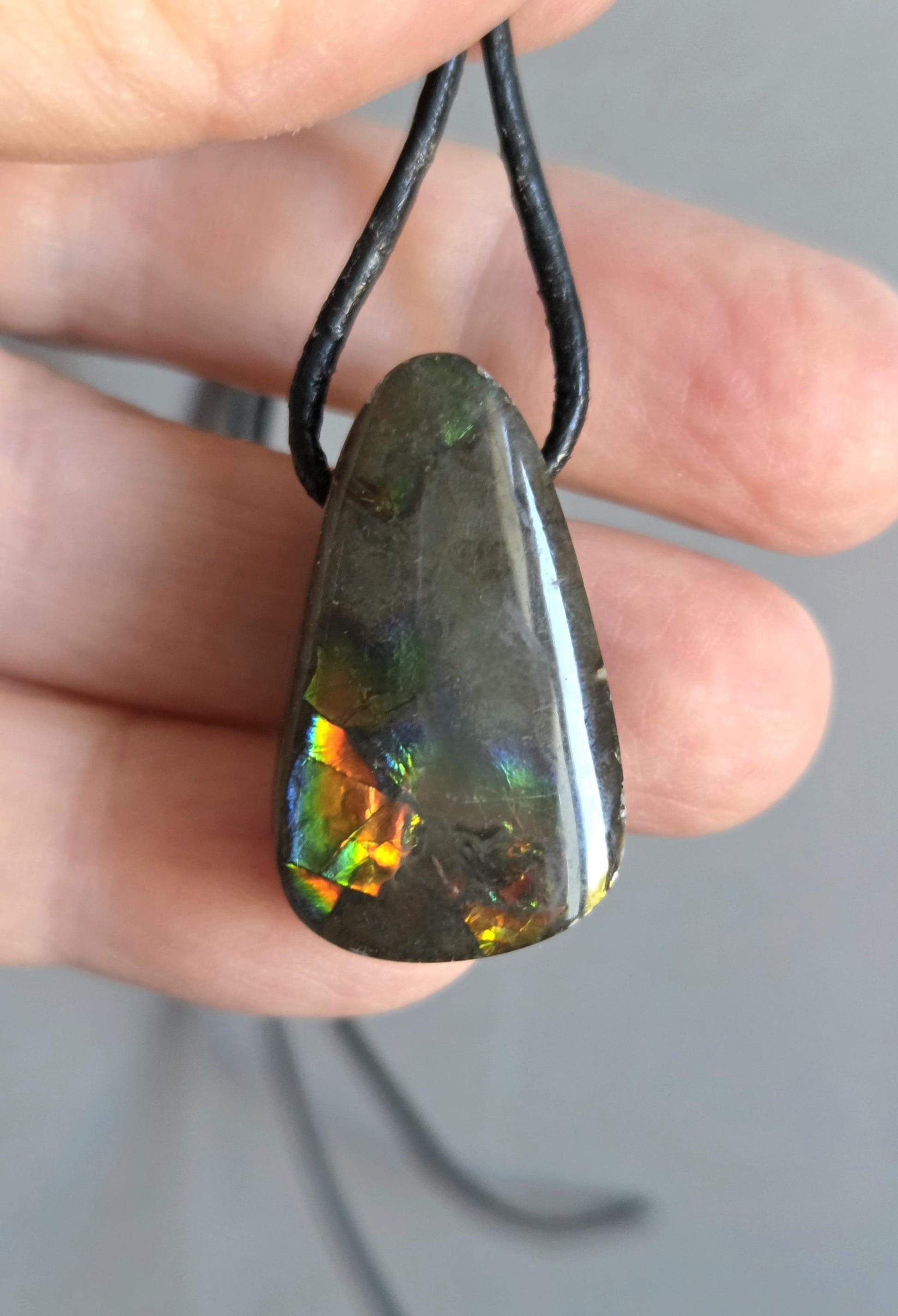 Geheimnisvoller Ammolit Opal rot blau grün gelb, aus Alberta Kanada, Anhänger, 28 x 18 x 9 mm, gebohrt, an verstellbarem Lederband