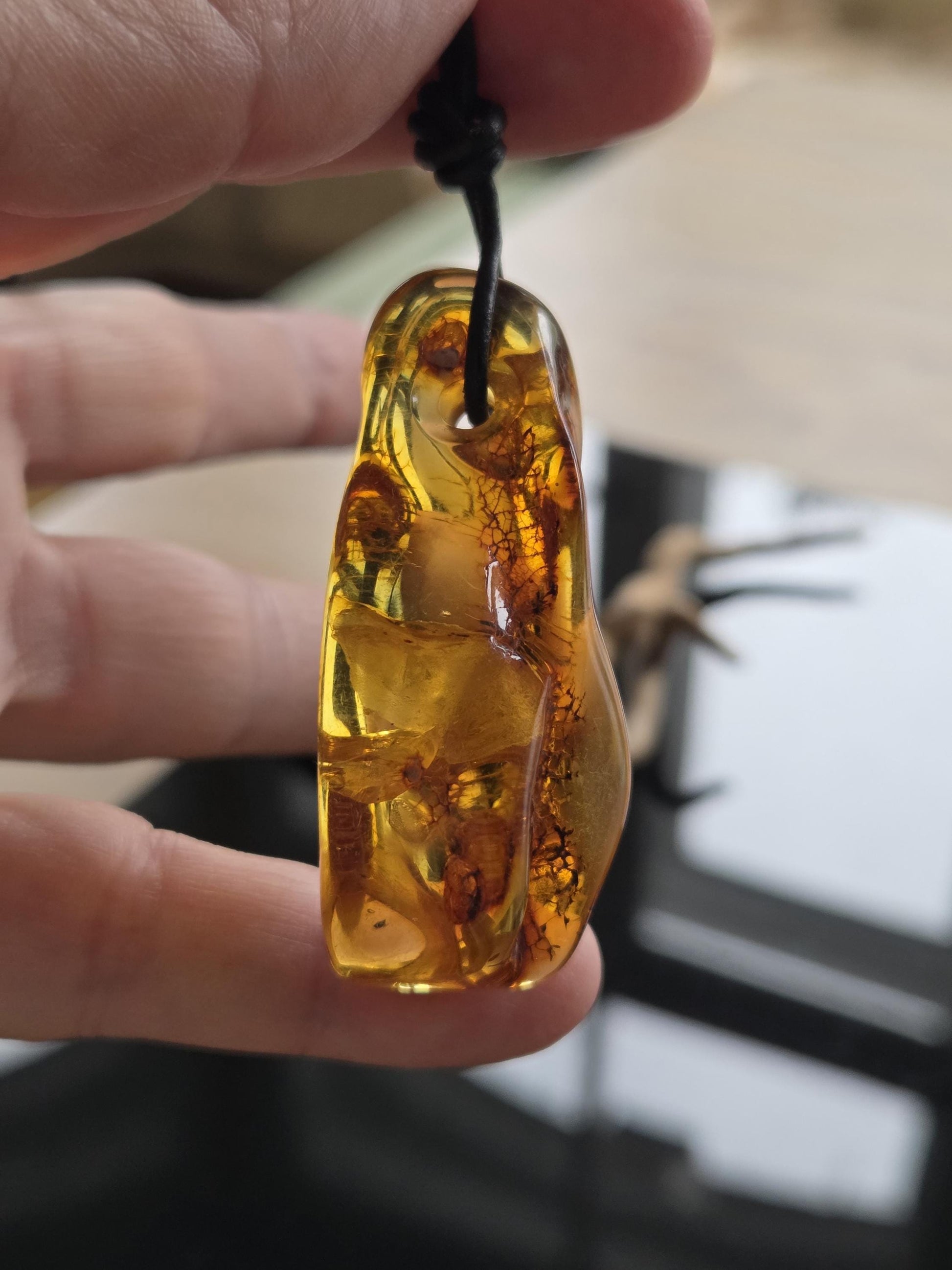 Traumhafter baltischer Bernstein Anhänger, mit Einschlüssen, Amulett, Amber pendant, 54 x 26 x 16 mm, an verstellbarem Lederband
