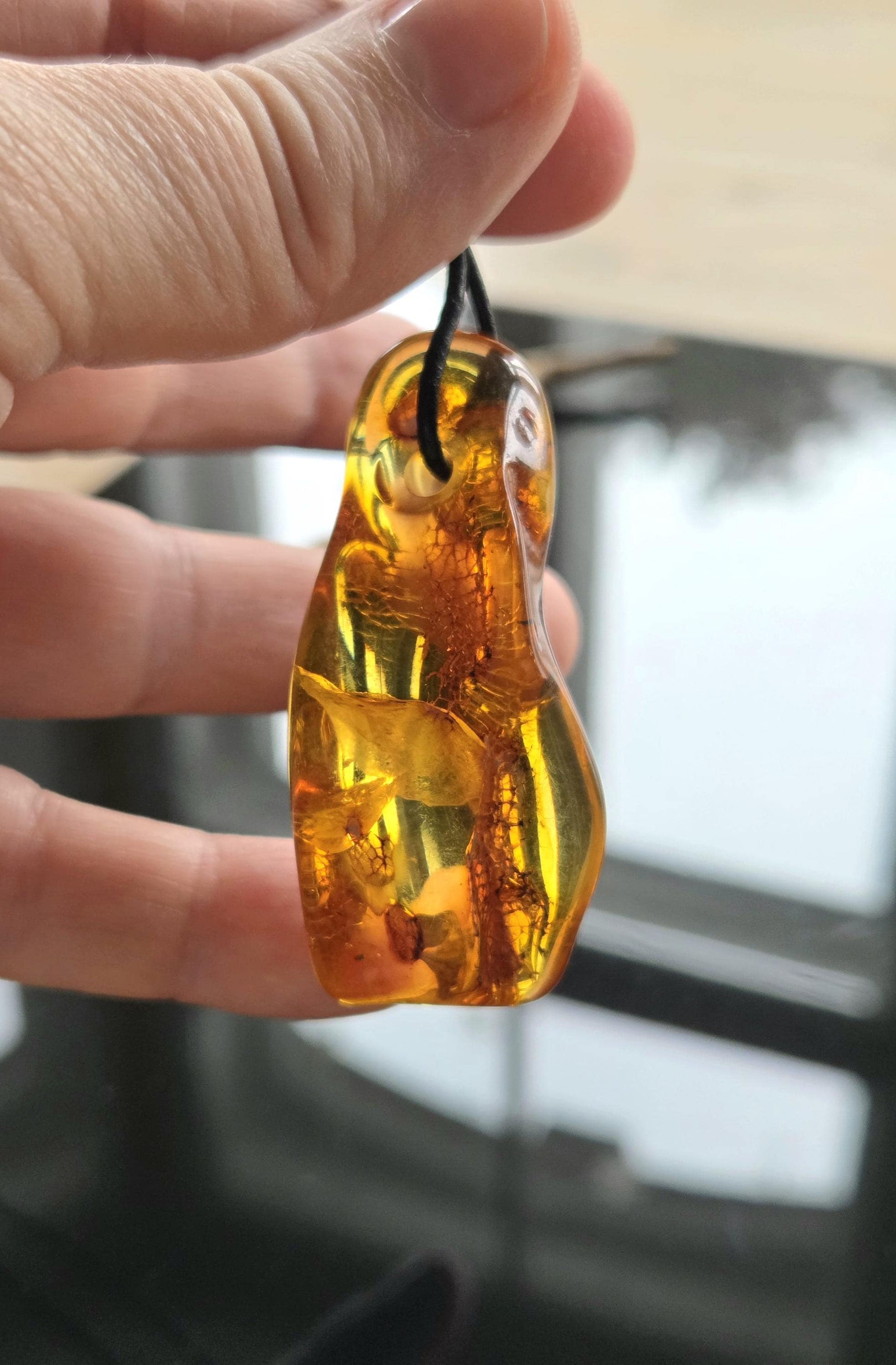 Traumhafter baltischer Bernstein Anhänger, mit Einschlüssen, Amulett, Amber pendant, 54 x 26 x 16 mm, an verstellbarem Lederband