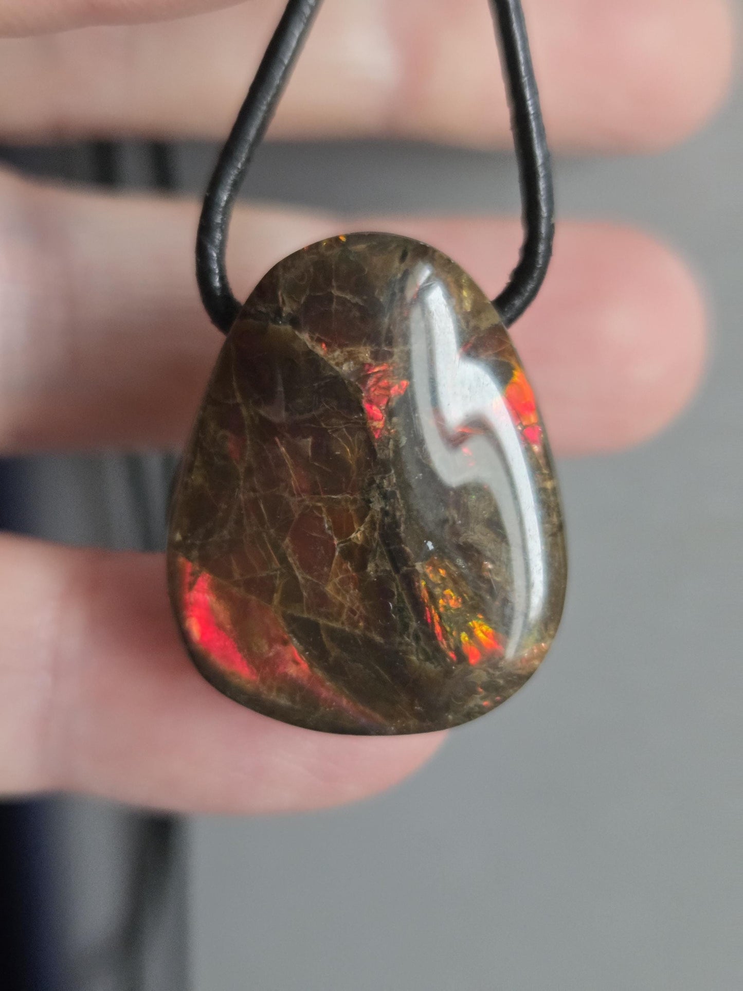 Geheimnisvoller Ammolit Opal Anhänger aus Alberta Kanada, 25 x 21 x 10 mm, gebohrt, an verstellbarem Lederband