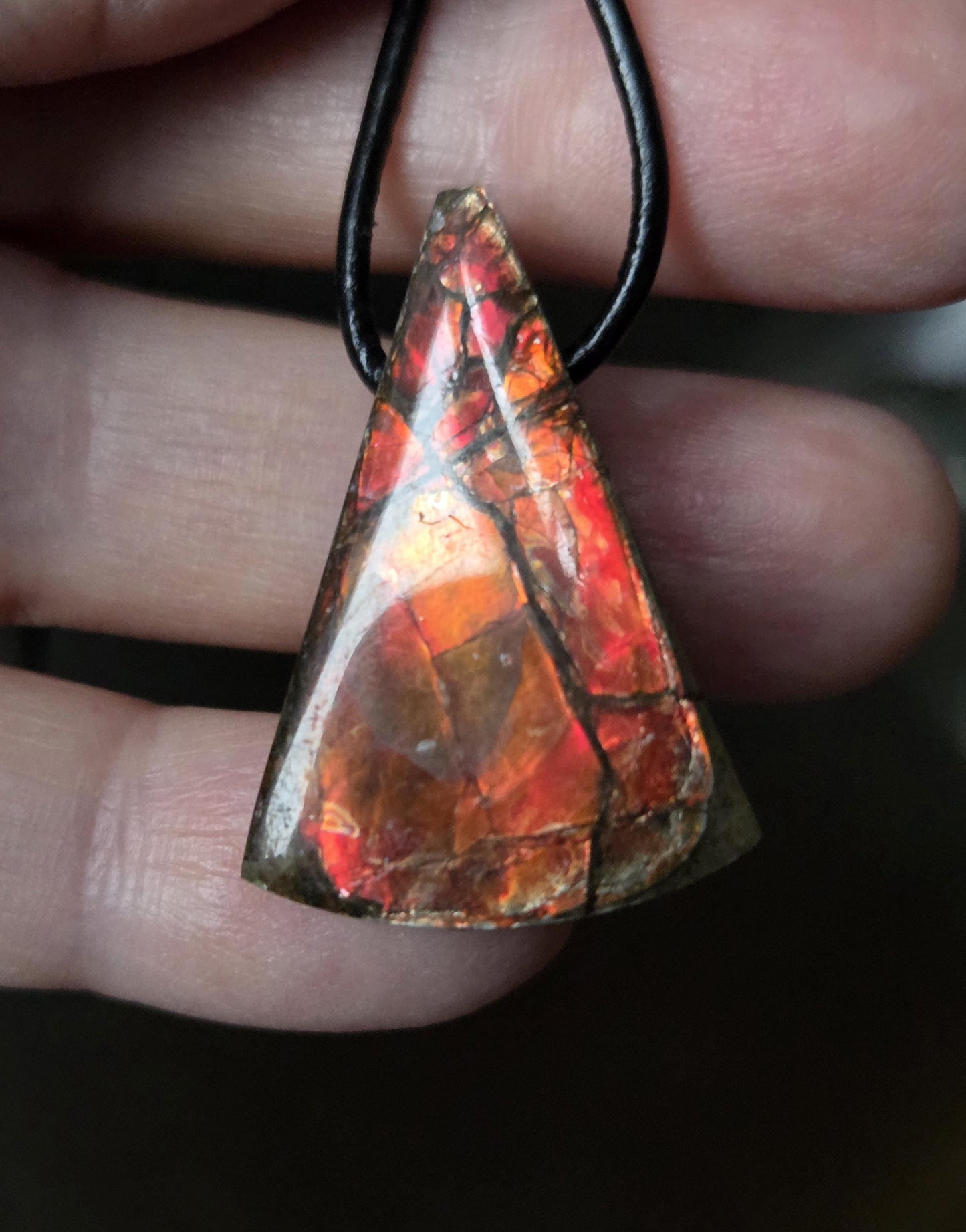 Seltener Ammolith Opal Anhänger aus Alberta Kanada, 33 x 21 x 8 mm, gebohrt, an verstellbarem Lederband, Ammolit, Ammonit