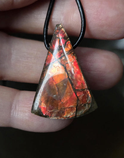 Seltener Ammolith Opal Anhänger aus Alberta Kanada, 33 x 21 x 8 mm, gebohrt, an verstellbarem Lederband, Ammolit, Ammonit