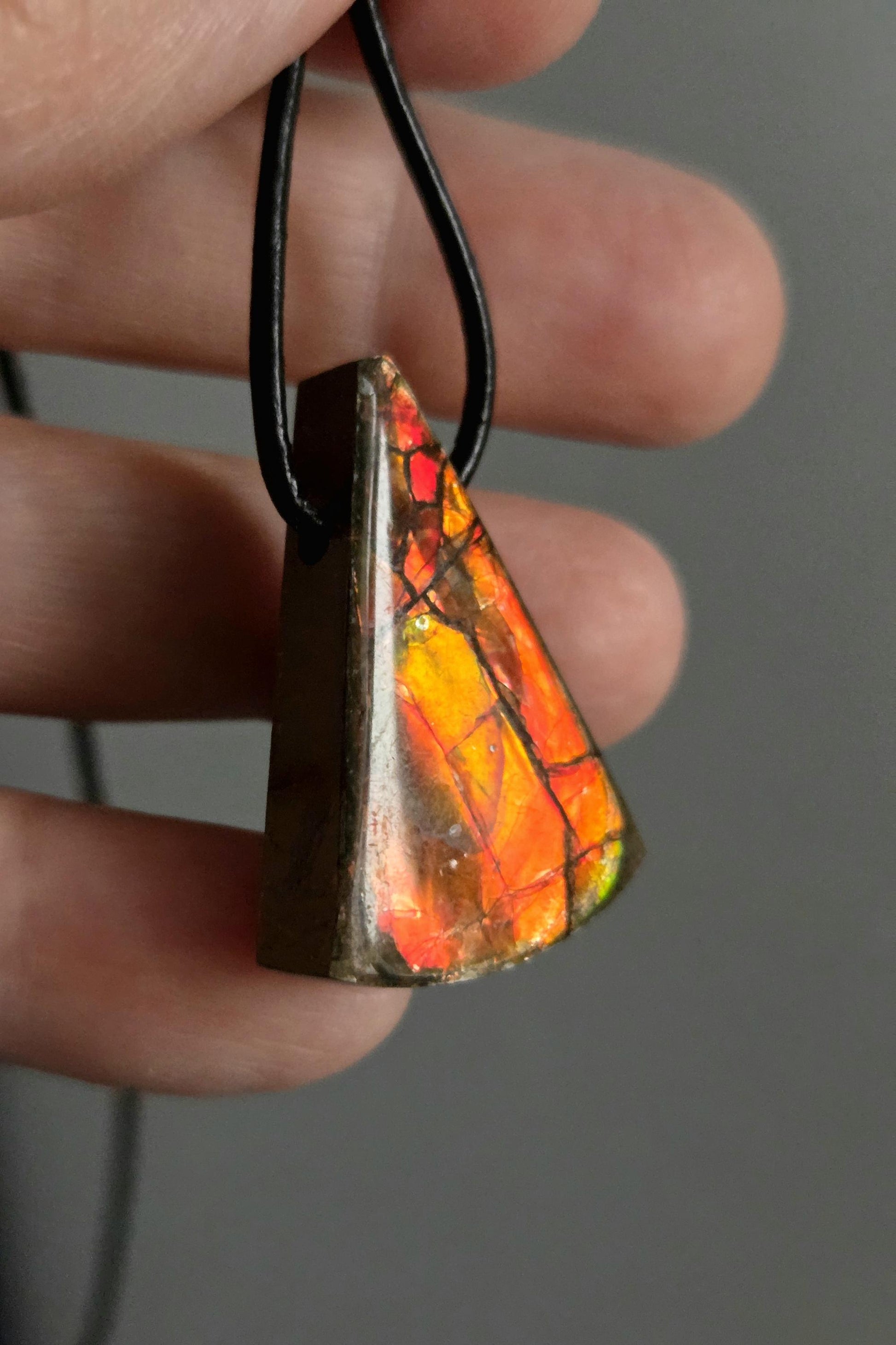 Seltener Ammolith Opal Anhänger aus Alberta Kanada, 33 x 21 x 8 mm, gebohrt, an verstellbarem Lederband, Ammolit, Ammonit