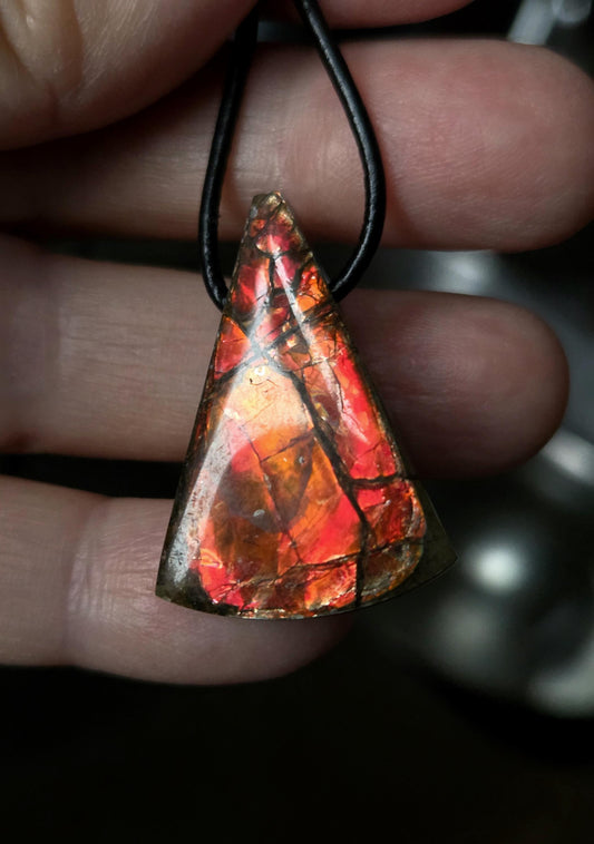 Seltener Ammolith Opal Anhänger aus Alberta Kanada, 33 x 21 x 8 mm, gebohrt, an verstellbarem Lederband, Ammolit, Ammonit