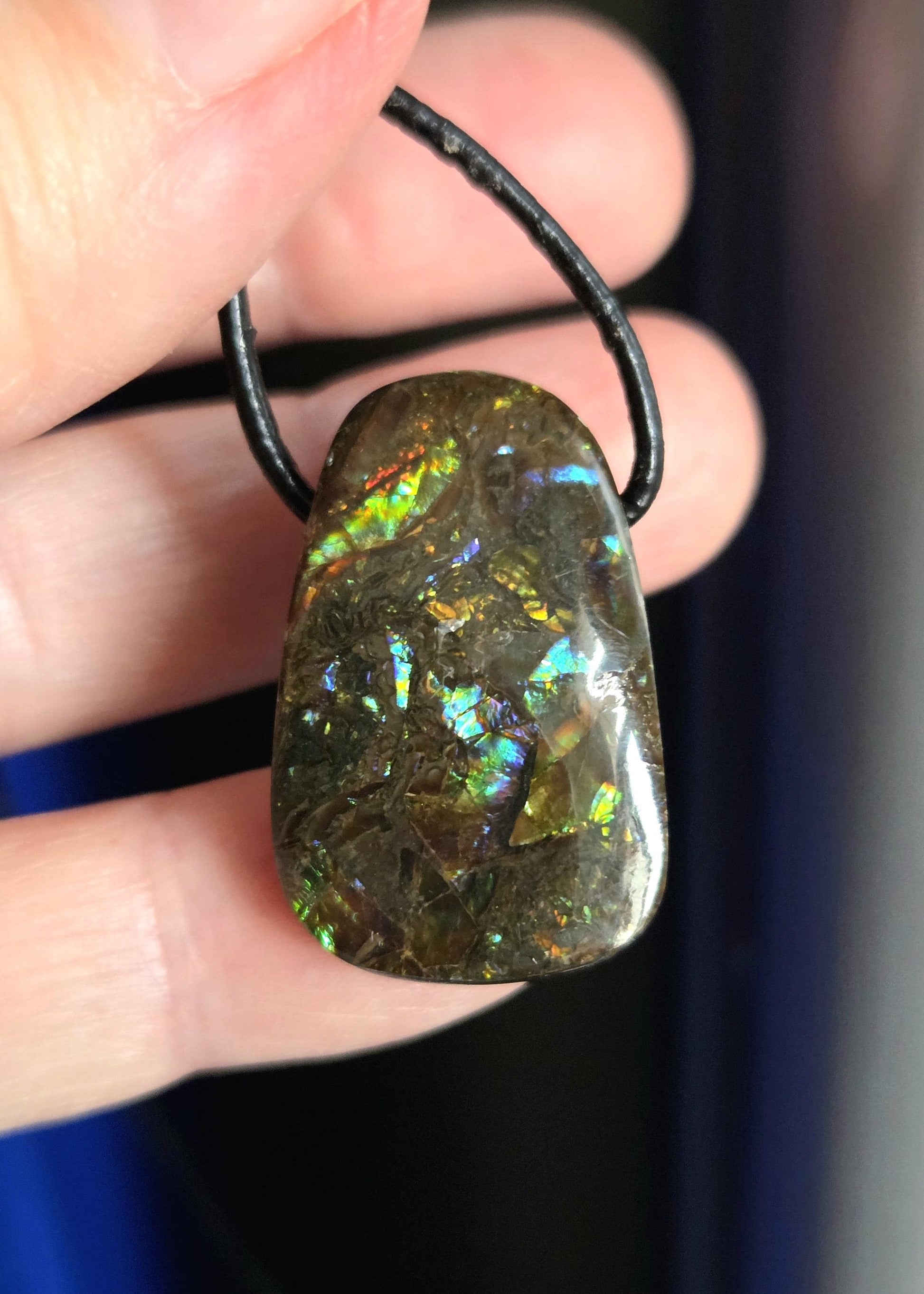 Magischer Ammolith Opal Anhänger blau grün gold, aus Kanada, 28 x 19 x 8 mm, gebohrt, an verstellbarem Lederband, Ammolit ,Ammonit